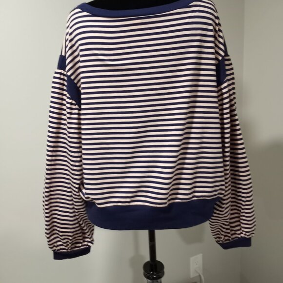 BP NAVY BLUE|PINK HOIZONTAL STRIPED SWEATSHIRT PUFF SLEEVES WOMEN SIZE XL - Picture 9 of 10